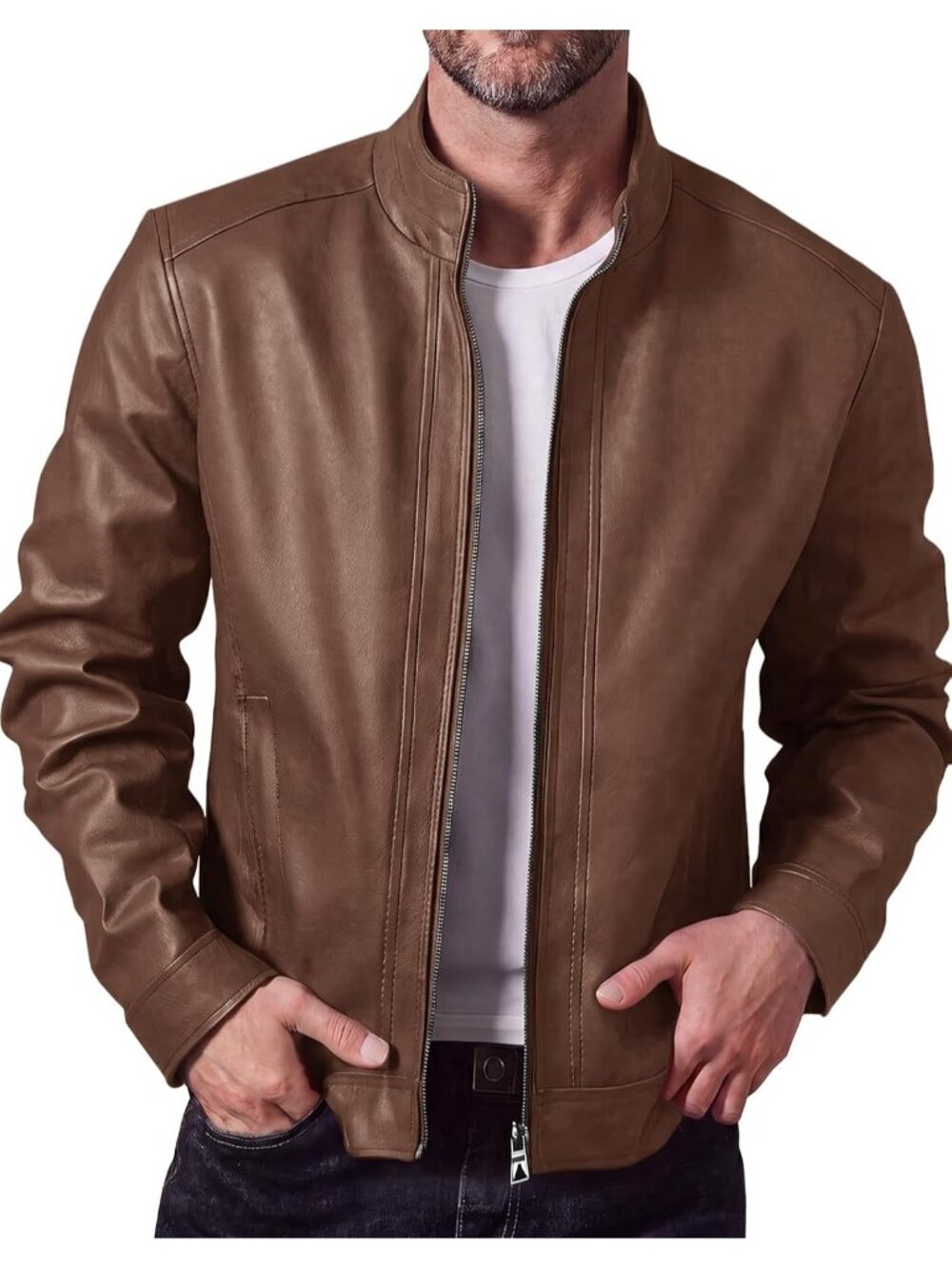 Men's Brown Stand Collar Leather Jacket Motorcycle Faux Leather Outwear Full Zip